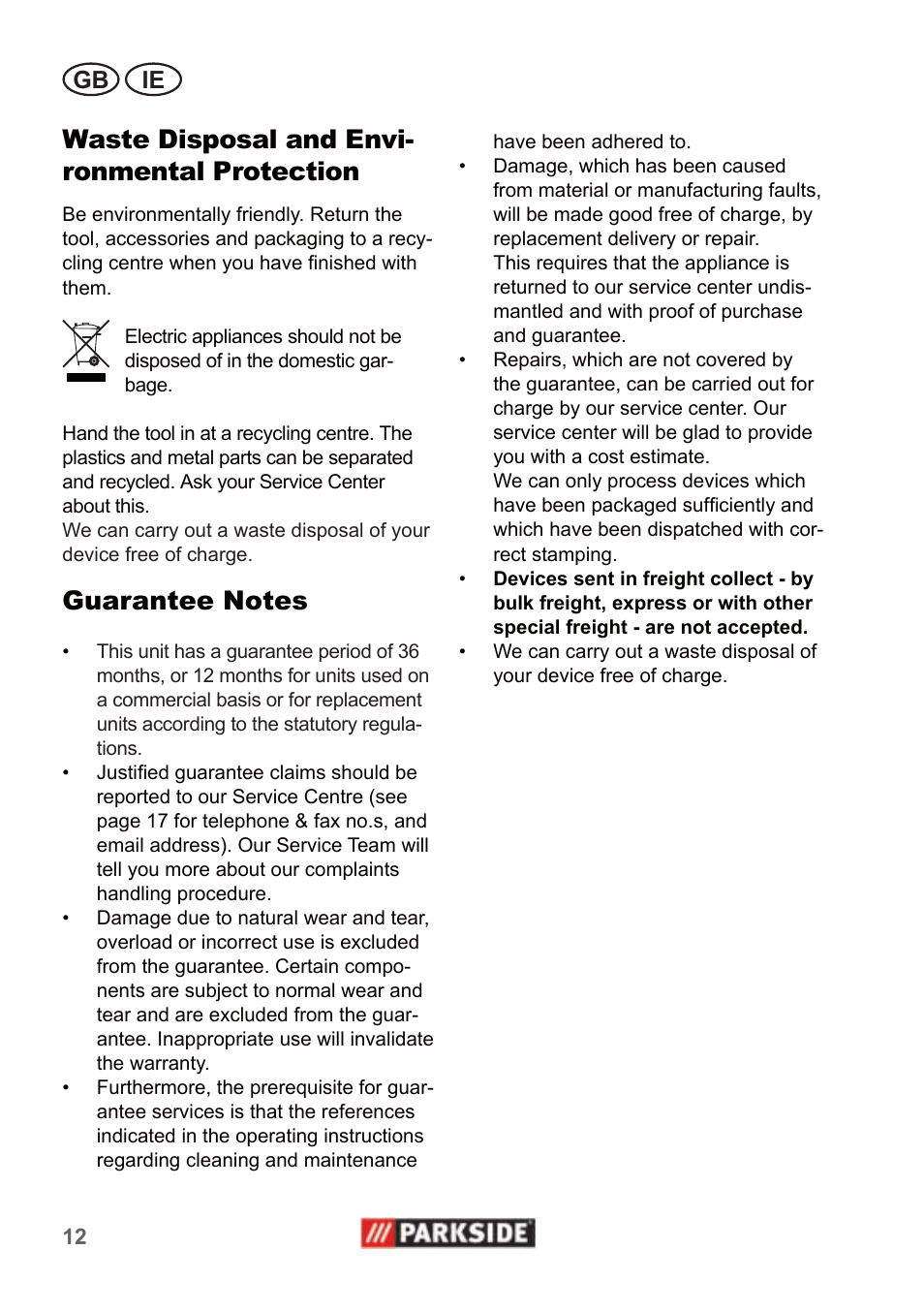Waste disposal and envi- ronmental protection, Gb ie | Parkside PHD 100 A1 User Manual | Page 12 / 18