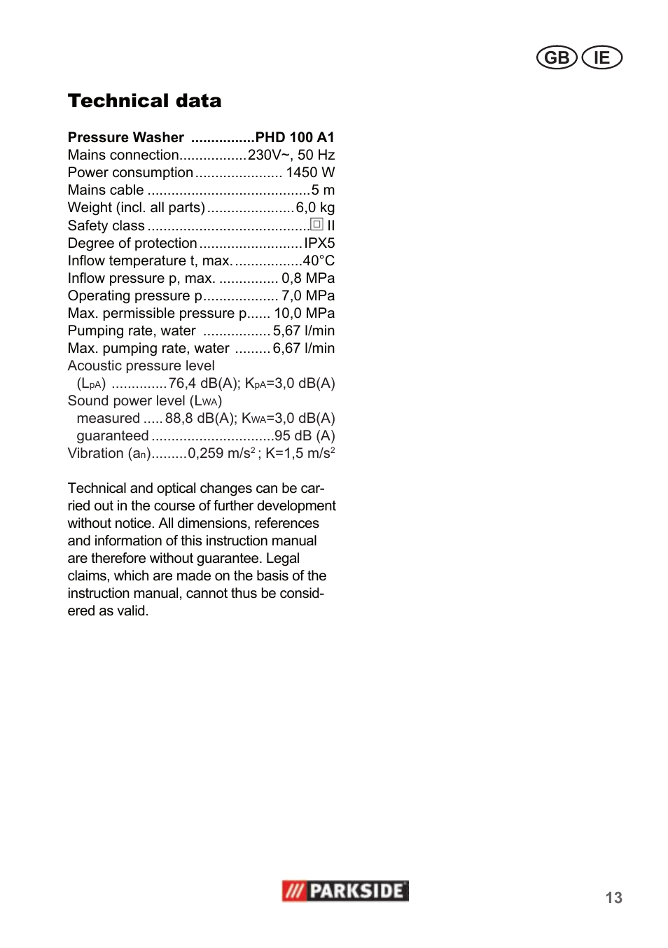 Technical data, Gb ie | Parkside PHD 100 A1 User Manual | Page 13 / 18