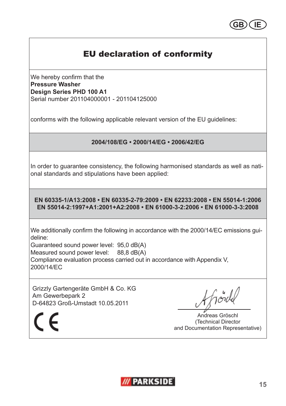 Eu declaration of conformity, Gb ie | Parkside PHD 100 A1 User Manual | Page 15 / 18