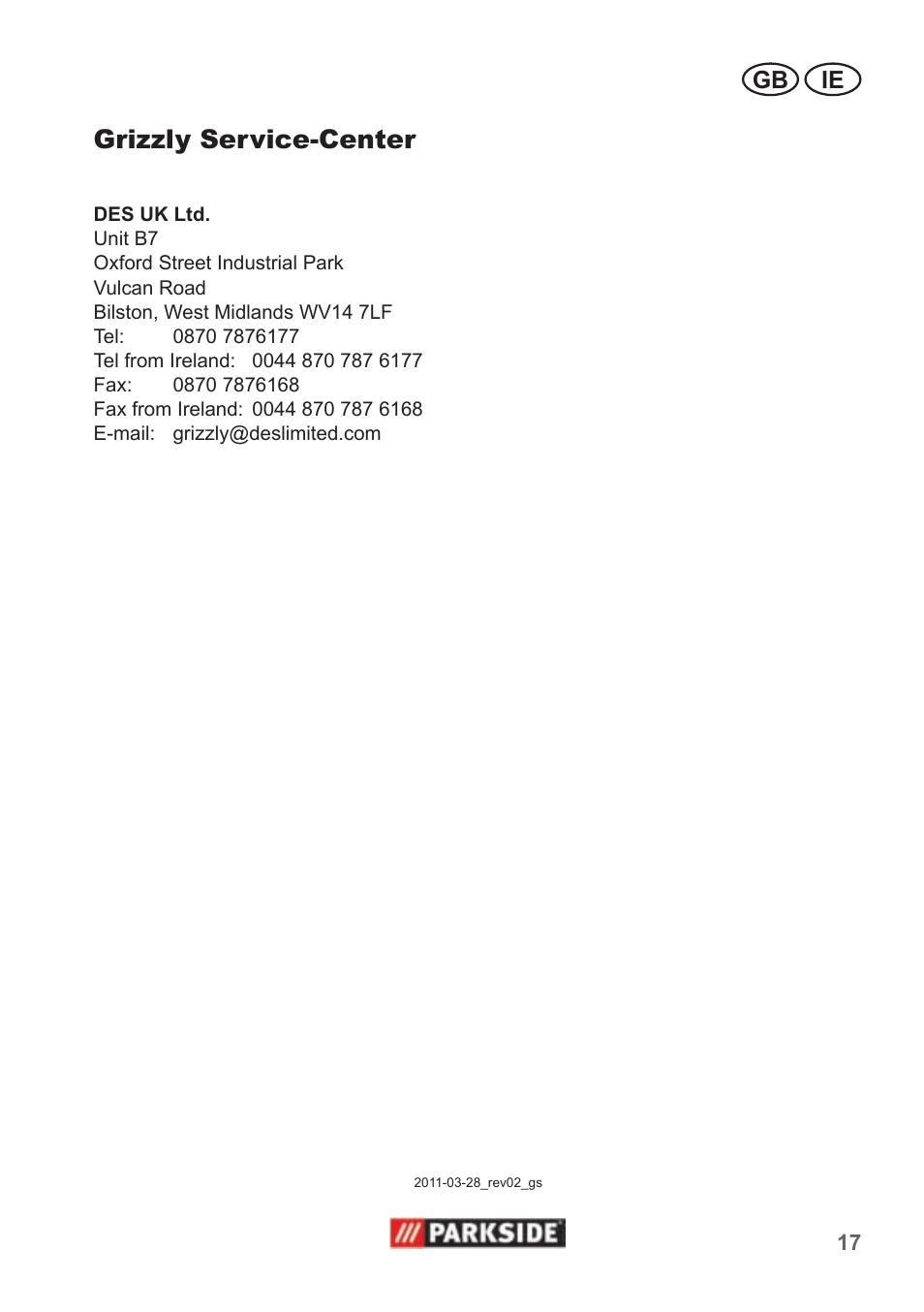 Grizzly service-center, Gb ie | Parkside PHD 100 A1 User Manual | Page 17 / 18