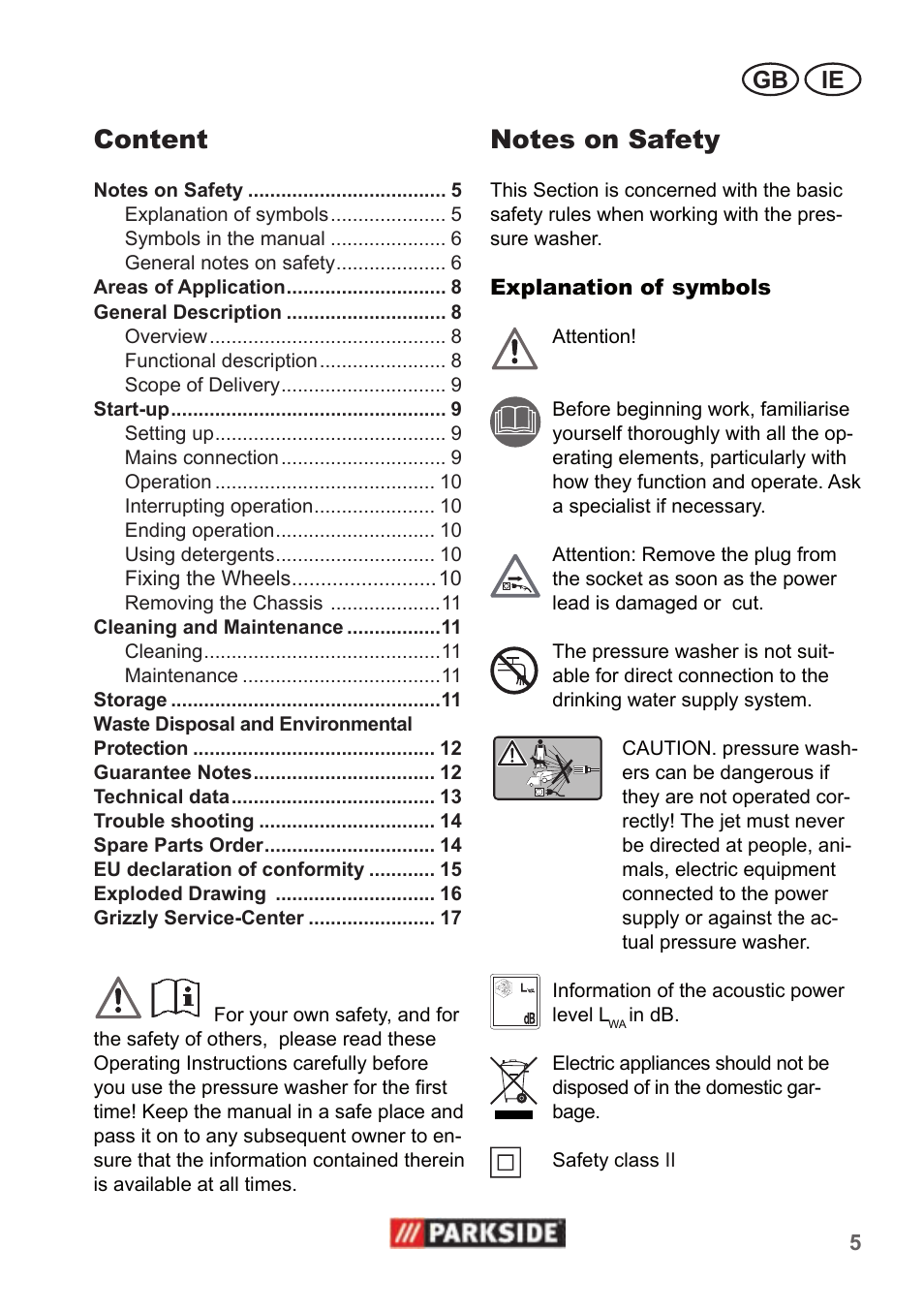 Content, Gb ie | Parkside PHD 100 A1 User Manual | Page 5 / 18