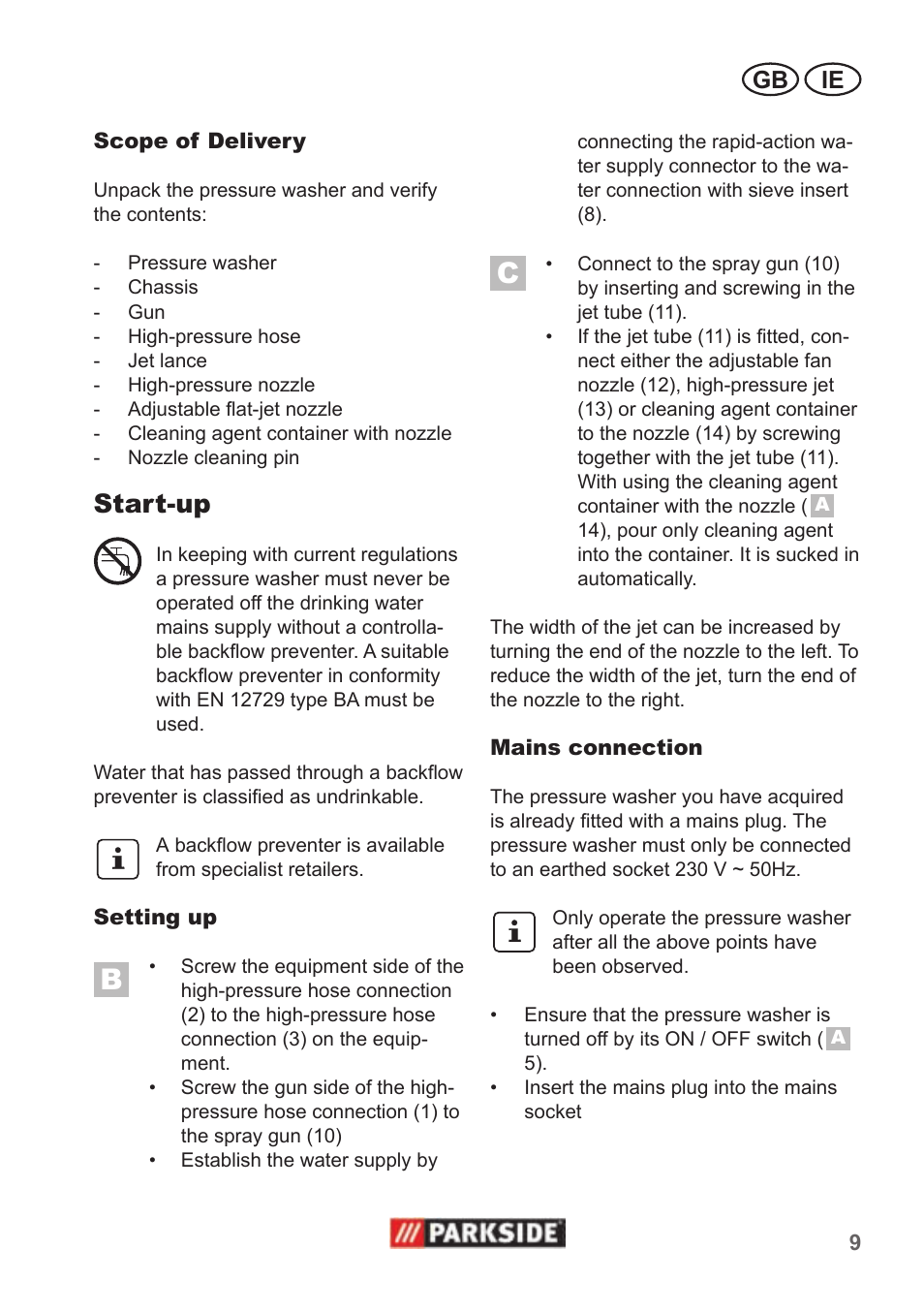Start-up, Gb ie | Parkside PHD 100 A1 User Manual | Page 9 / 18