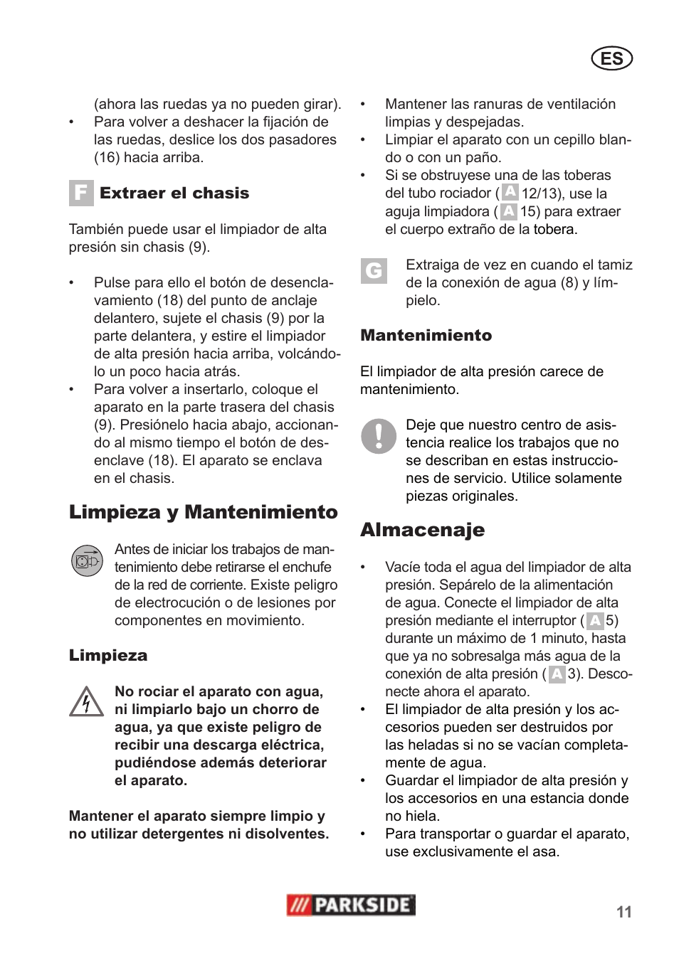 Limpieza y mantenimiento, Almacenaje | Parkside PHD 100 A1 User Manual | Page 11 / 58