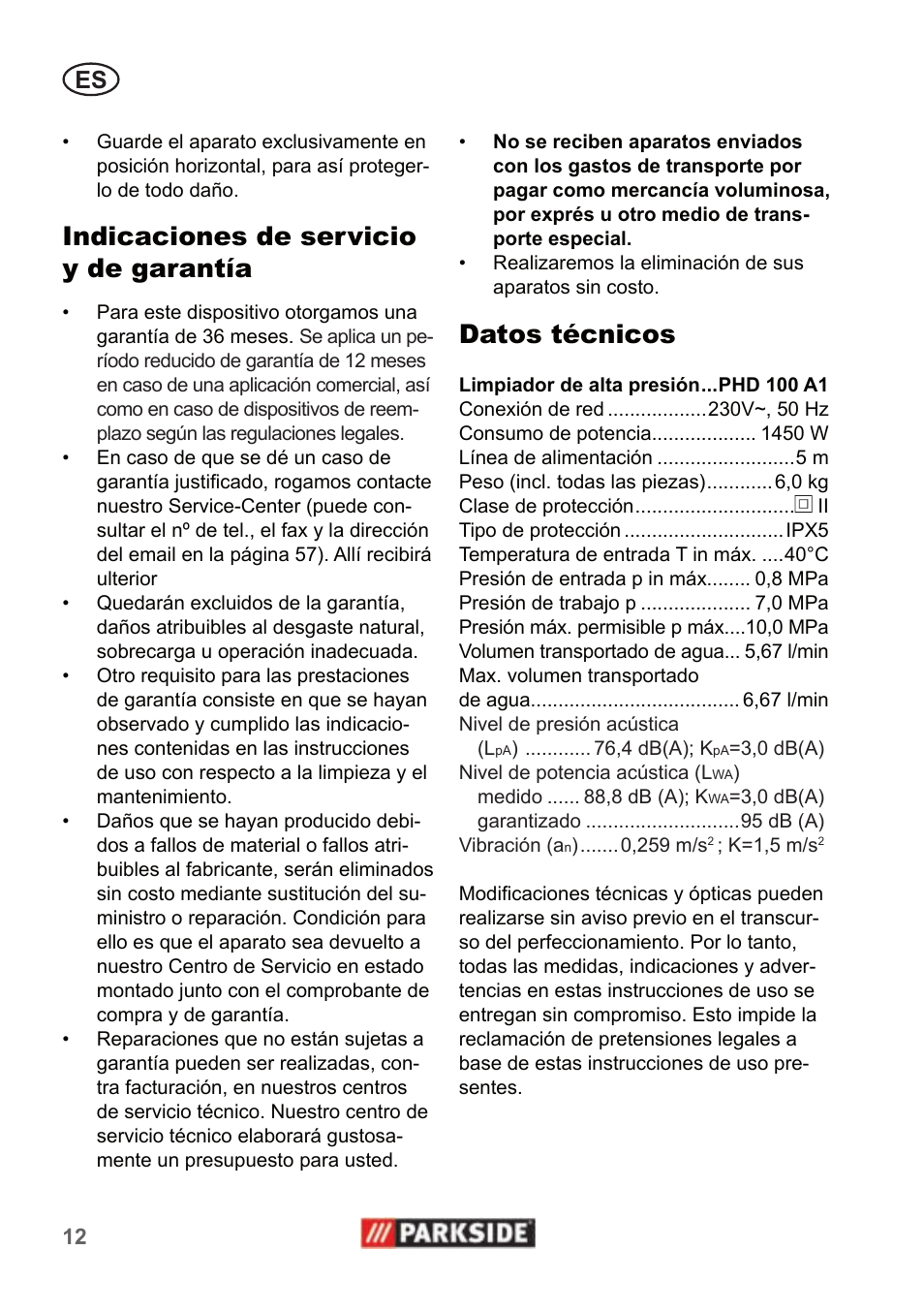 Indicaciones de servicio y de garantía, Datos técnicos | Parkside PHD 100 A1 User Manual | Page 12 / 58