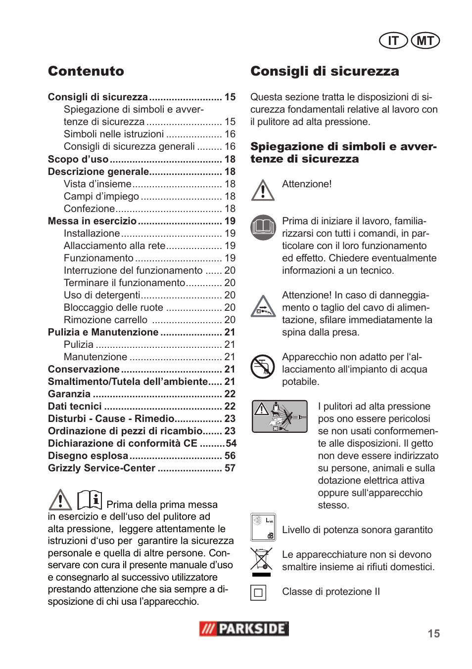 Consigli di sicurezza, Contenuto, It mt | Parkside PHD 100 A1 User Manual | Page 15 / 58