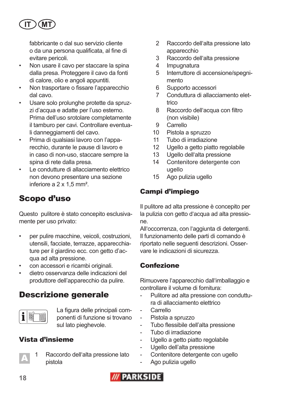 Scopo d’uso, Descrizione generale, It mt | Parkside PHD 100 A1 User Manual | Page 18 / 58