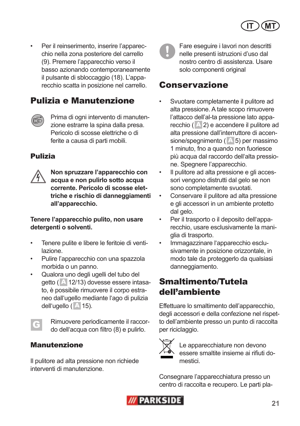Pulizia e manutenzione, Conservazione, Smaltimento/tutela dell’ambiente | It mt | Parkside PHD 100 A1 User Manual | Page 21 / 58