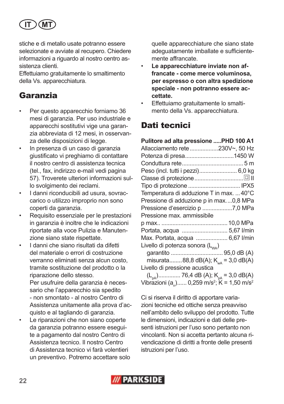 Garanzia, Dati tecnici, It mt | Parkside PHD 100 A1 User Manual | Page 22 / 58