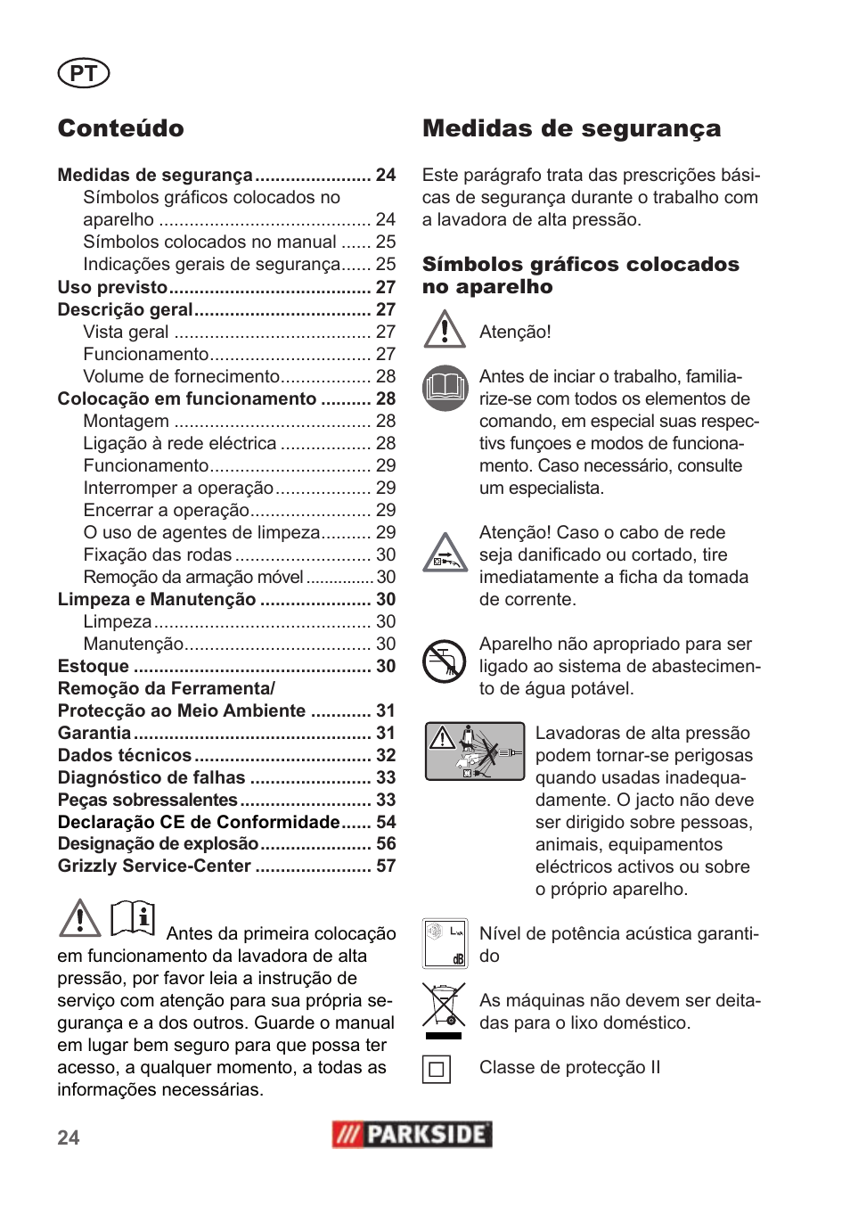 Medidas de segurança, Conteúdo | Parkside PHD 100 A1 User Manual | Page 24 / 58