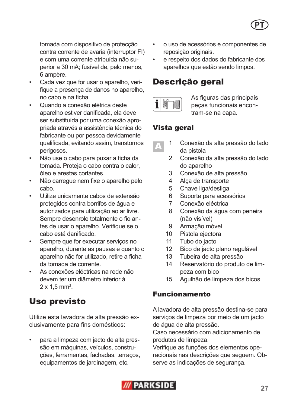 Uso previsto, Descrição geral | Parkside PHD 100 A1 User Manual | Page 27 / 58