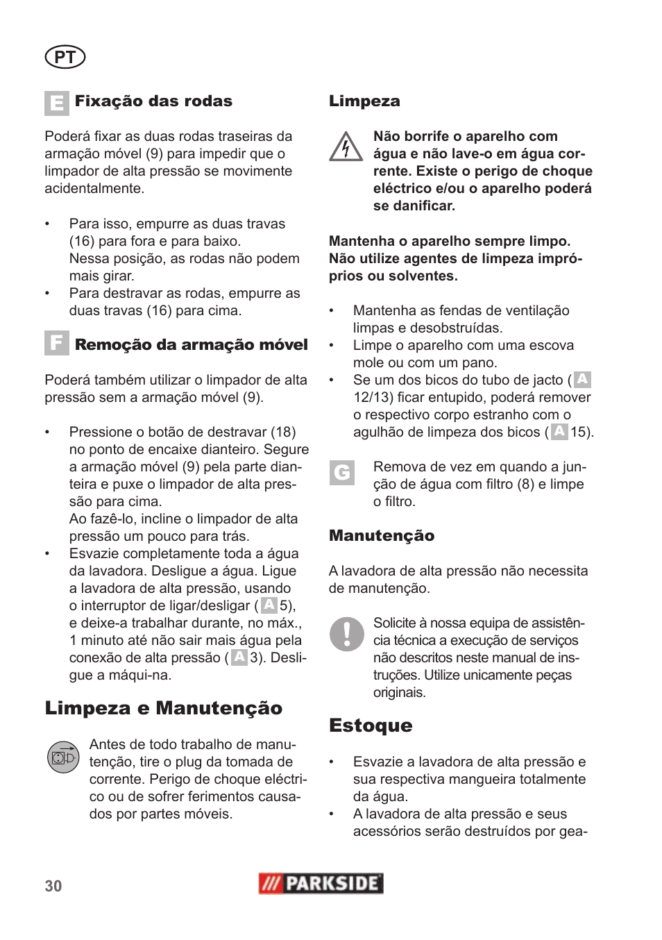 Limpeza e manutenção, Estoque | Parkside PHD 100 A1 User Manual | Page 30 / 58