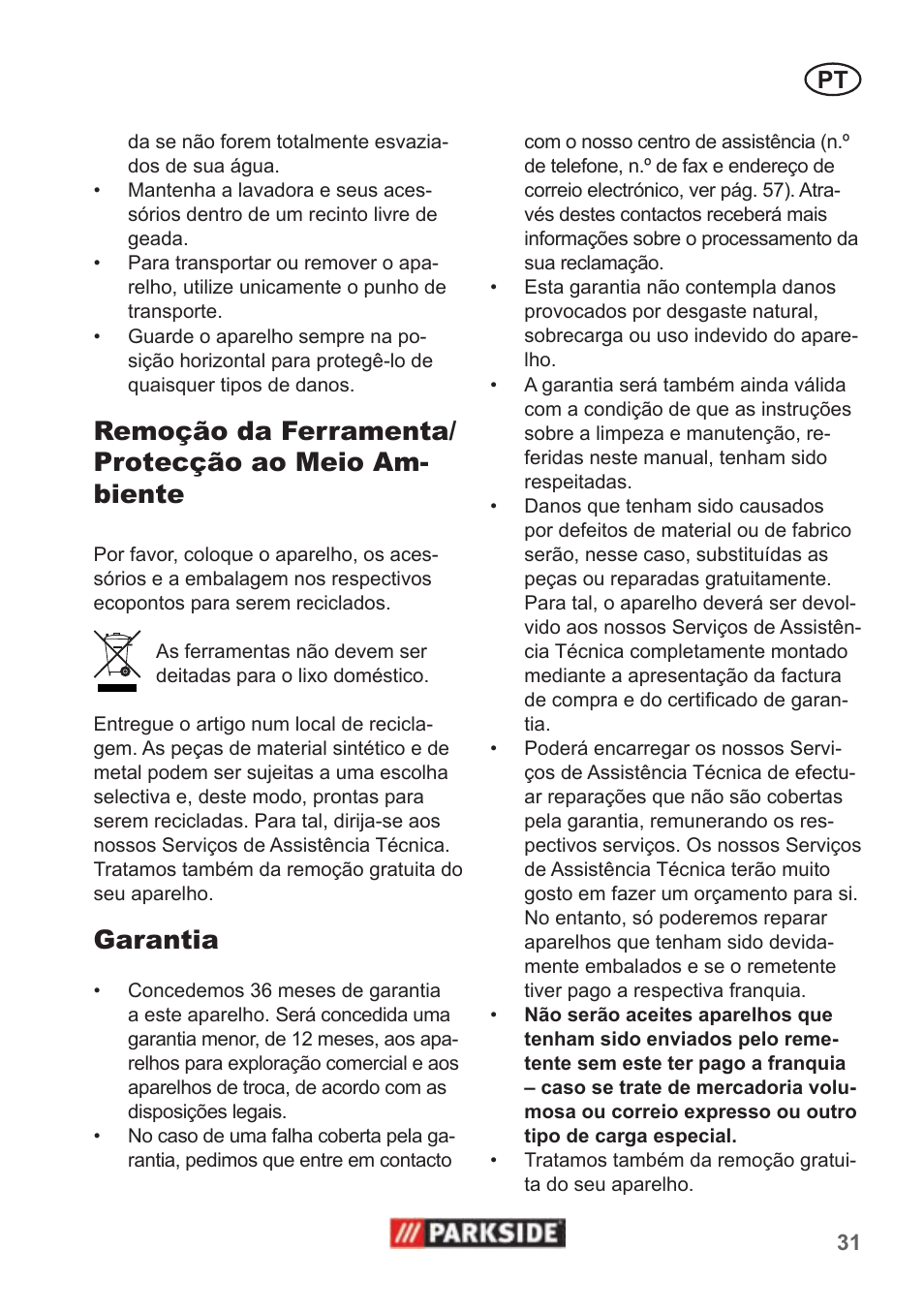 Garantia | Parkside PHD 100 A1 User Manual | Page 31 / 58