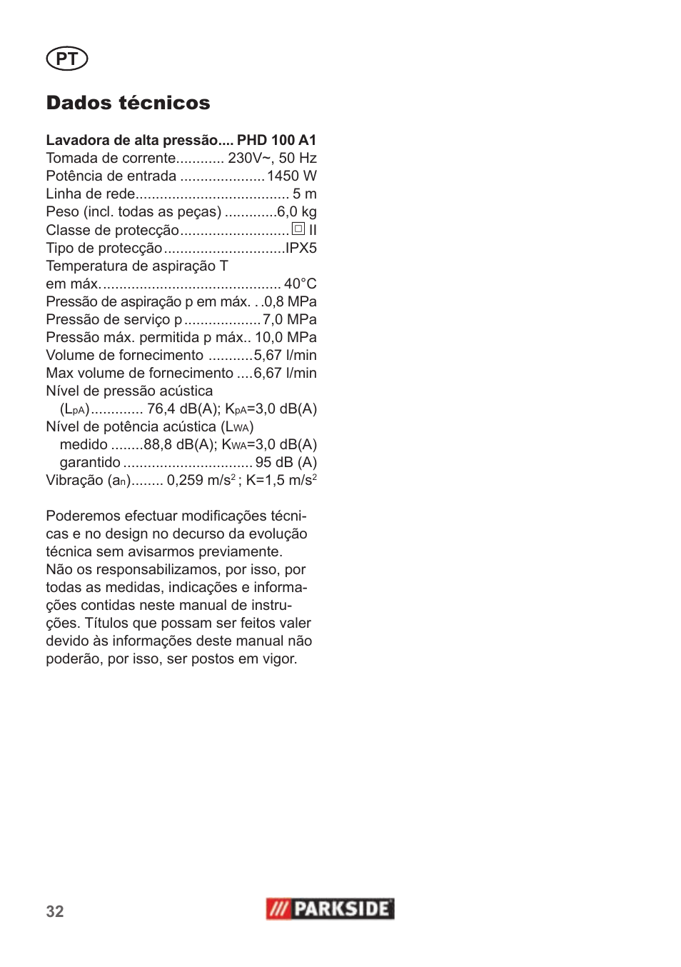 Dados técnicos | Parkside PHD 100 A1 User Manual | Page 32 / 58