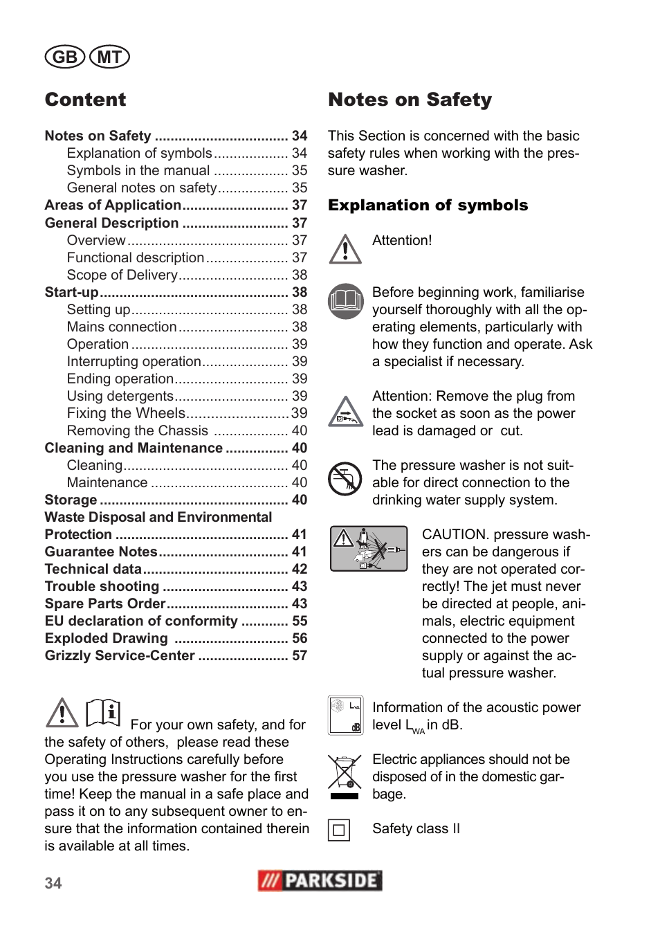 Content, Gb mt | Parkside PHD 100 A1 User Manual | Page 34 / 58