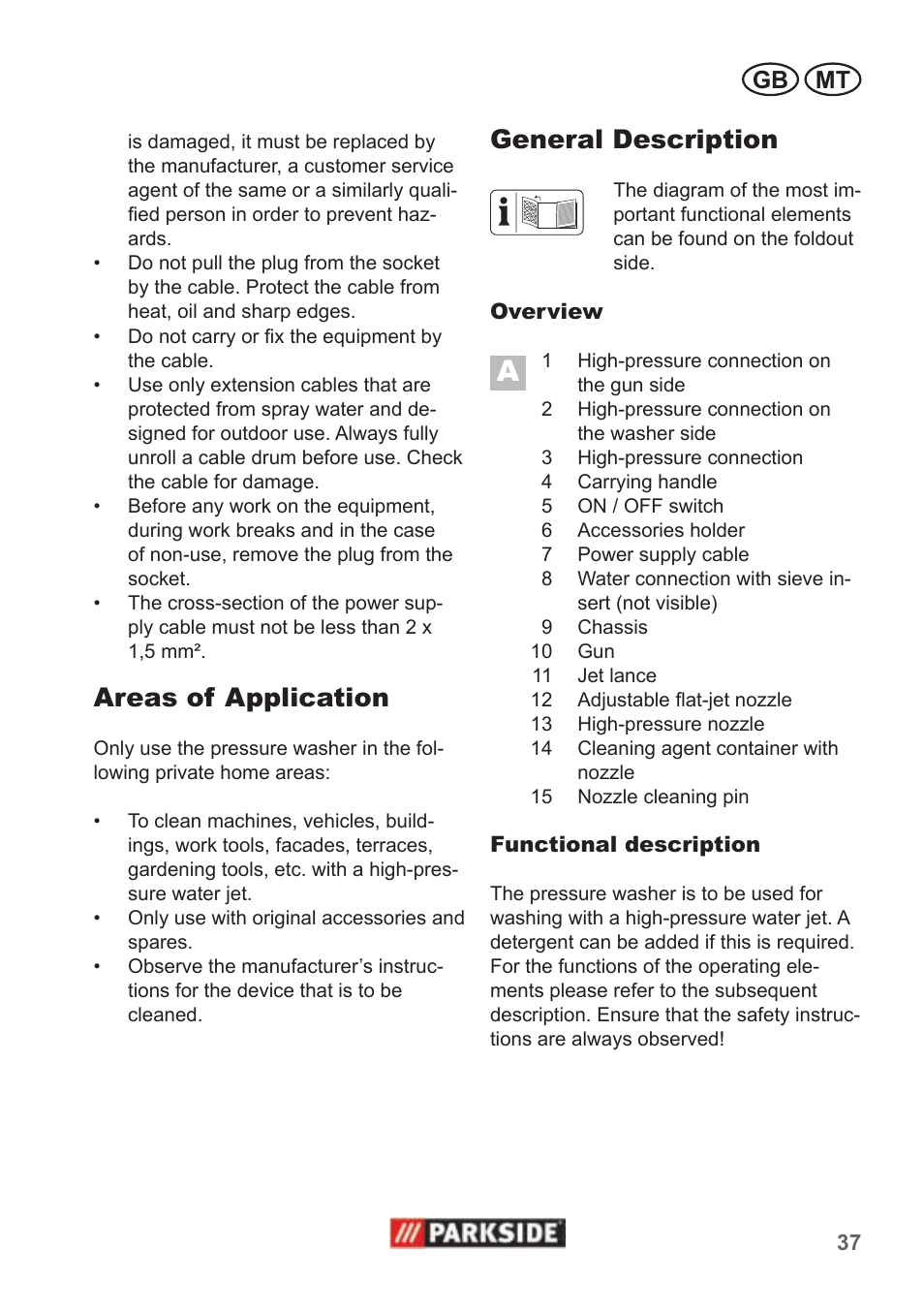 Areas of application, General description, Gb mt | Parkside PHD 100 A1 User Manual | Page 37 / 58