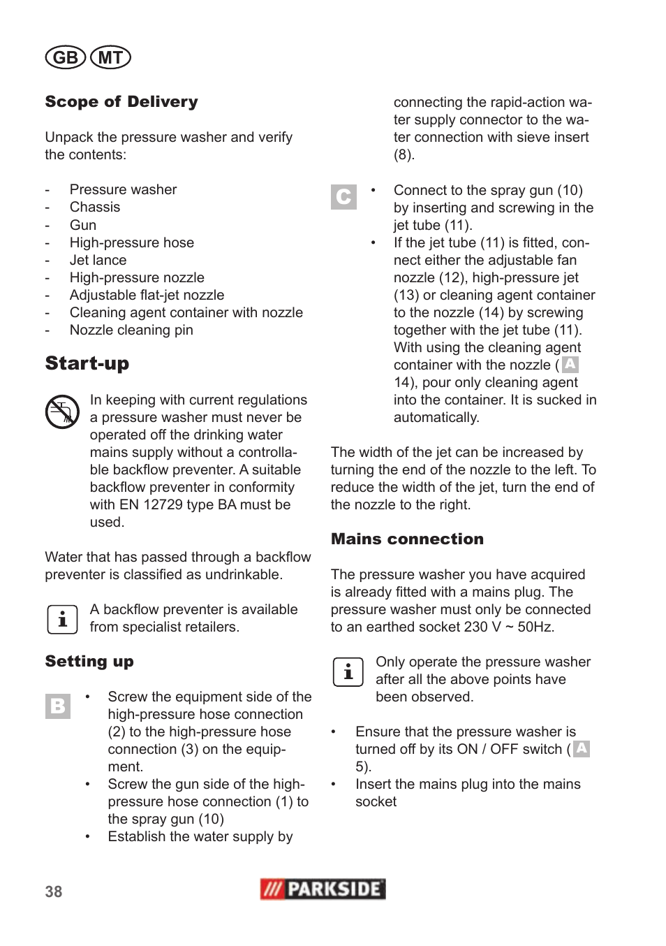 Start-up, Gb mt | Parkside PHD 100 A1 User Manual | Page 38 / 58