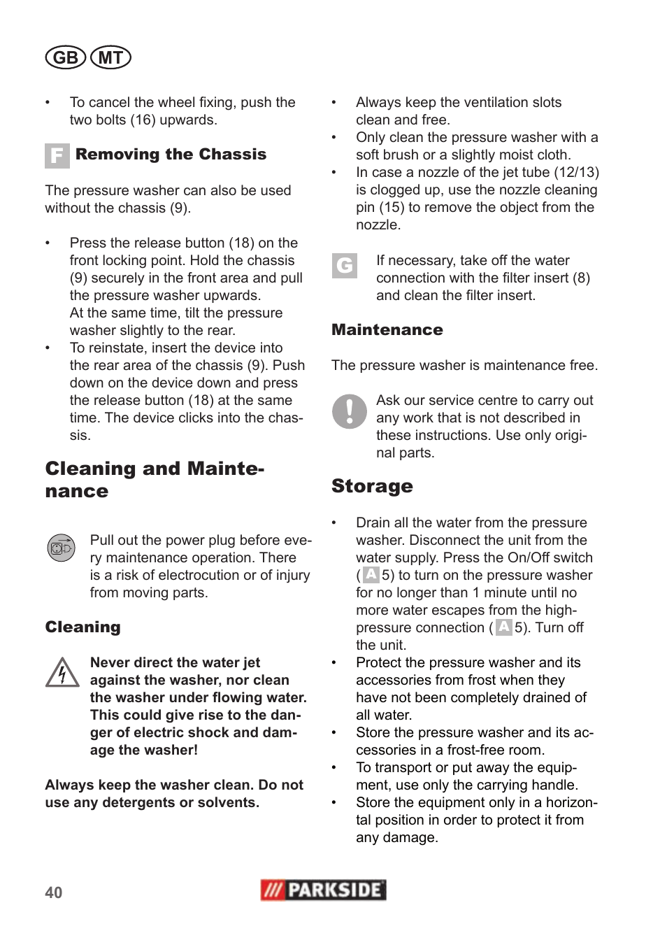 Cleaning and mainte- nance, Storage | Parkside PHD 100 A1 User Manual | Page 40 / 58