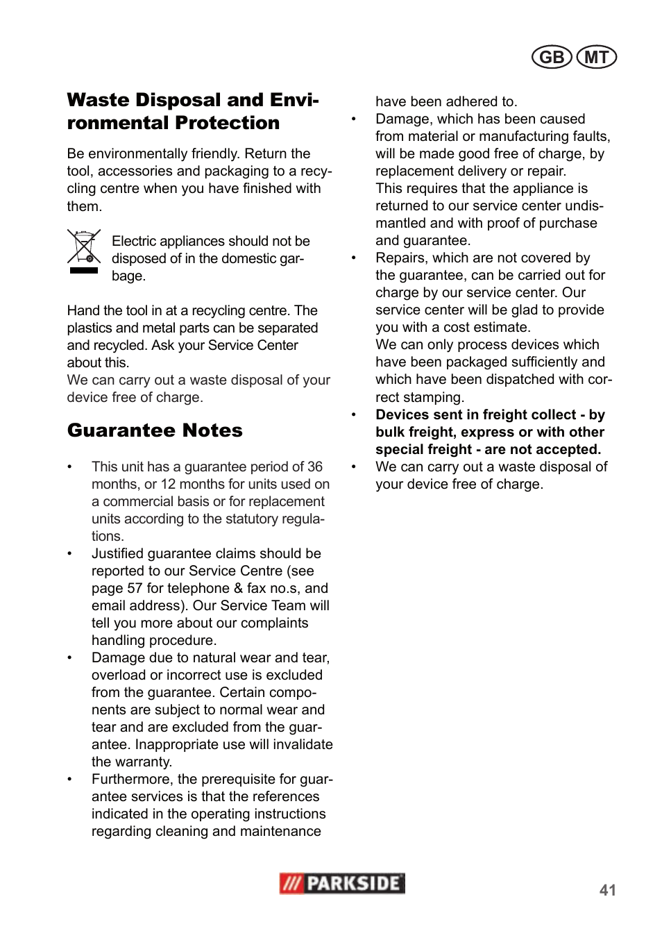 Waste disposal and envi- ronmental protection, Gb mt | Parkside PHD 100 A1 User Manual | Page 41 / 58
