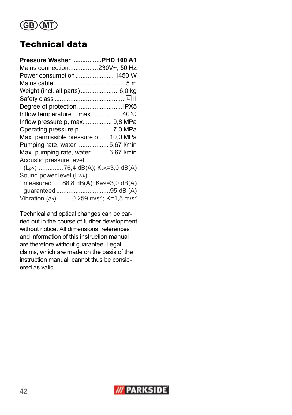 Technical data, Gb mt | Parkside PHD 100 A1 User Manual | Page 42 / 58