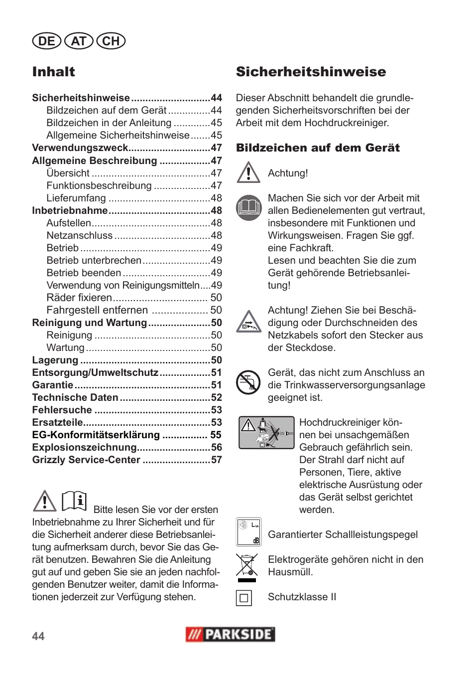 Sicherheitshinweise, Inhalt, De at ch | Parkside PHD 100 A1 User Manual | Page 44 / 58