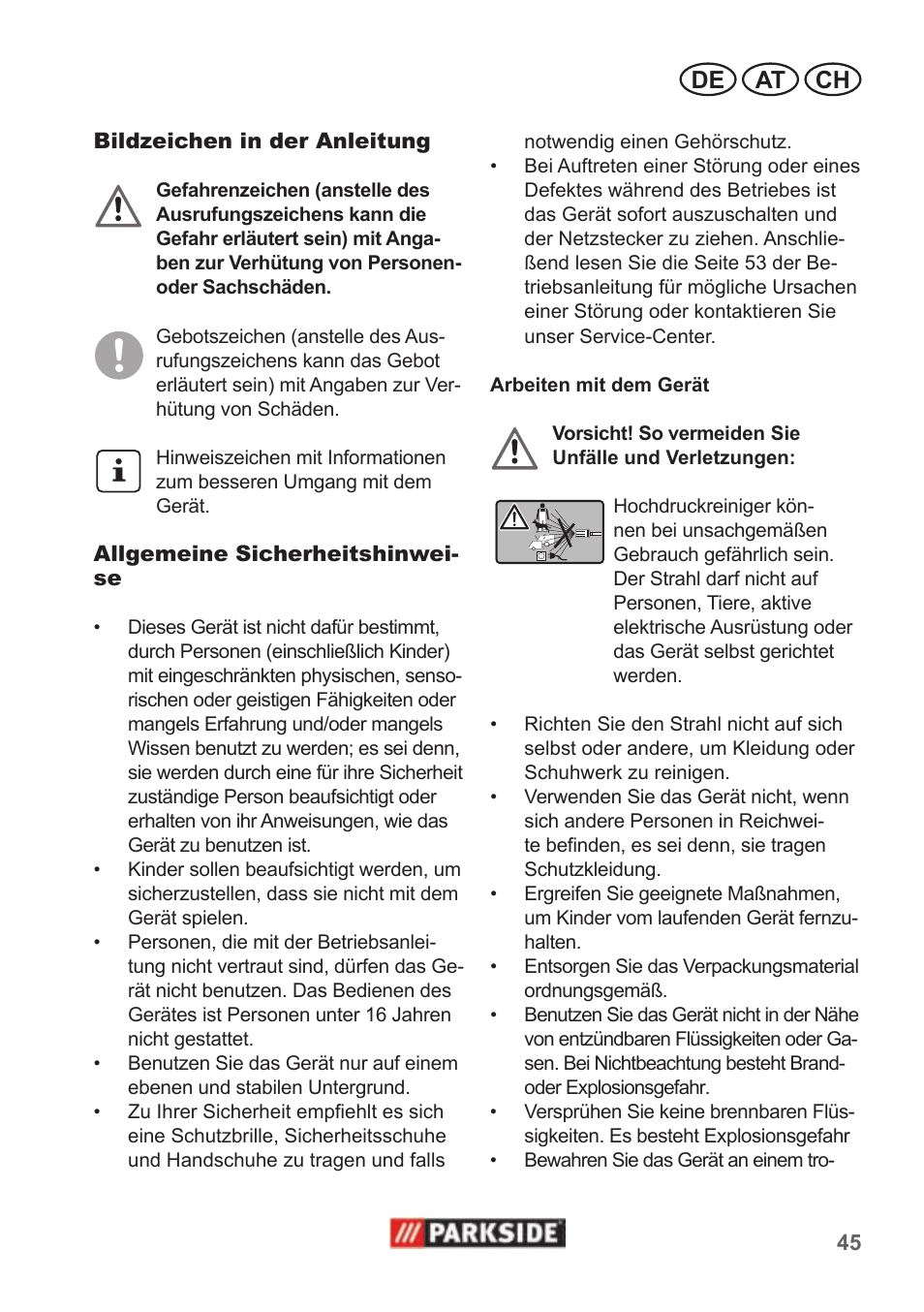 De at ch | Parkside PHD 100 A1 User Manual | Page 45 / 58