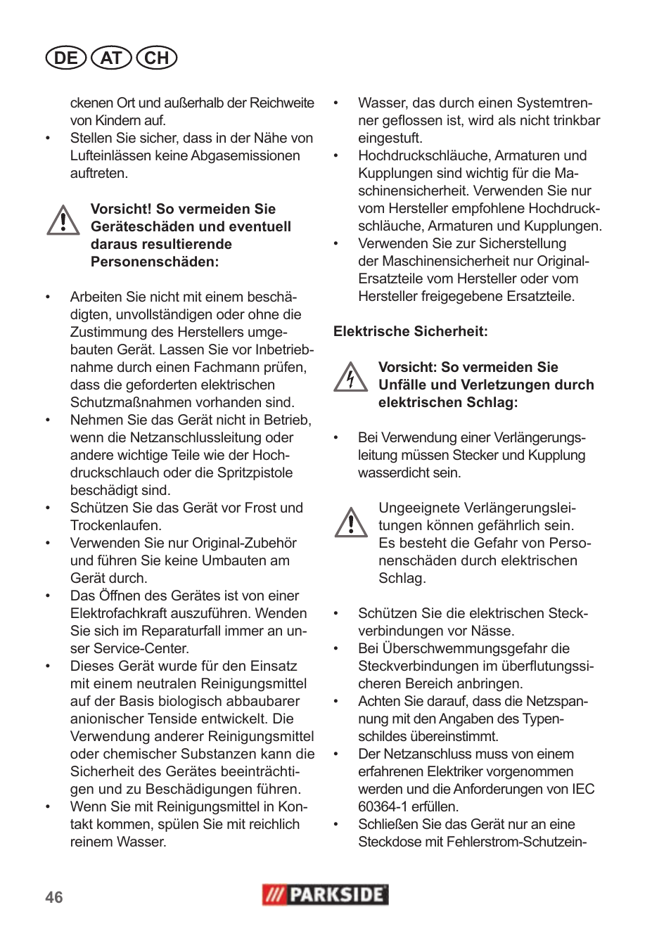 De at ch | Parkside PHD 100 A1 User Manual | Page 46 / 58