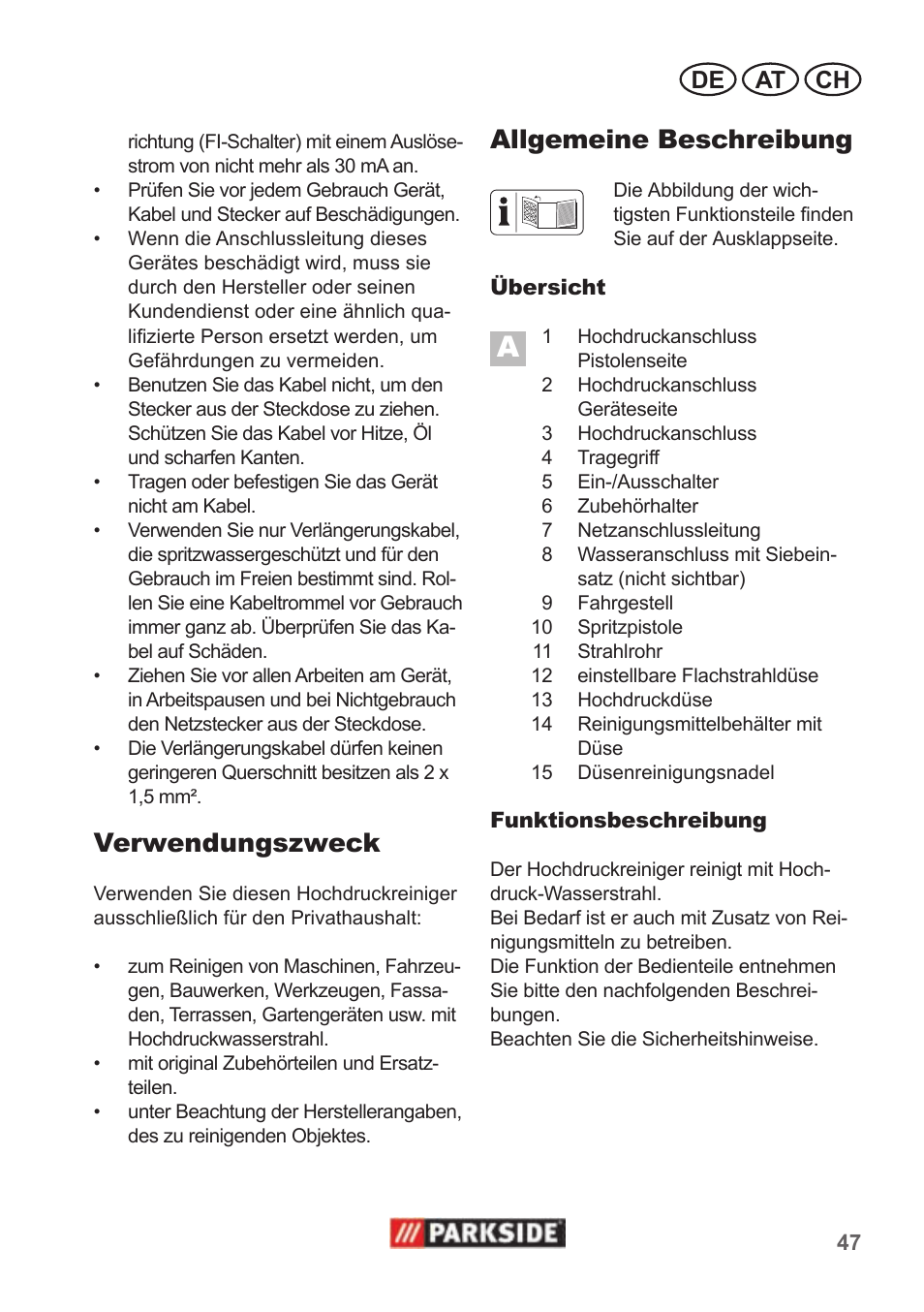 Verwendungszweck, Allgemeine beschreibung, De at ch | Parkside PHD 100 A1 User Manual | Page 47 / 58