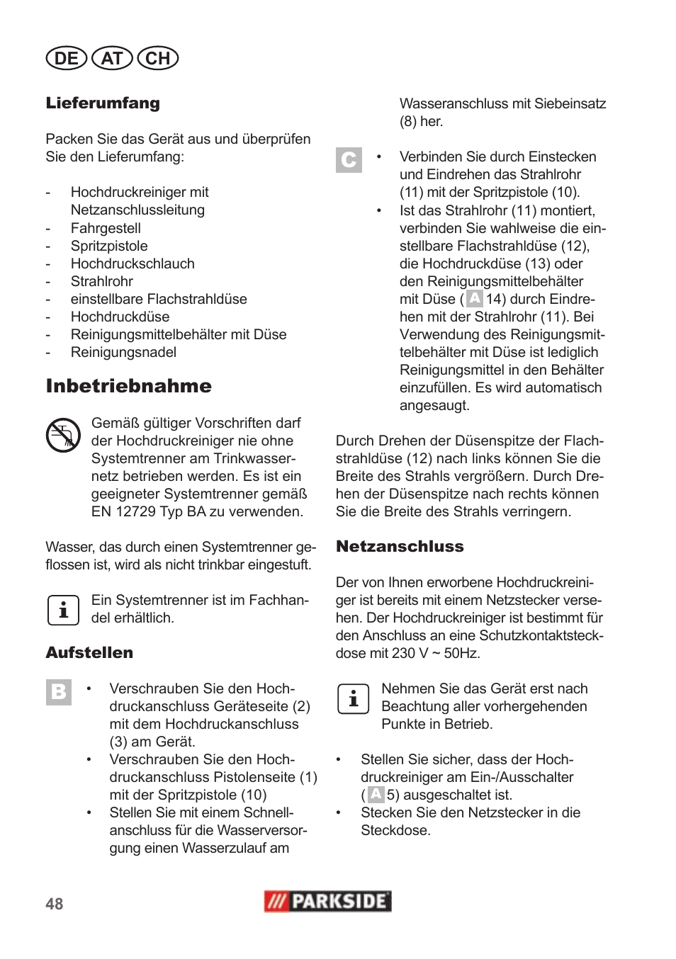 Inbetriebnahme, De at ch | Parkside PHD 100 A1 User Manual | Page 48 / 58