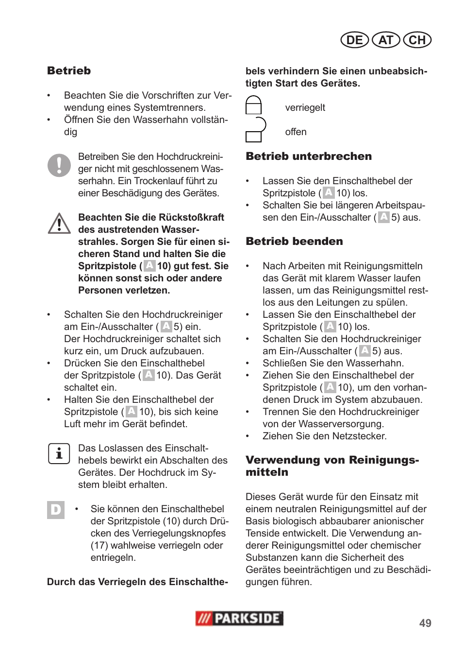 De at ch | Parkside PHD 100 A1 User Manual | Page 49 / 58