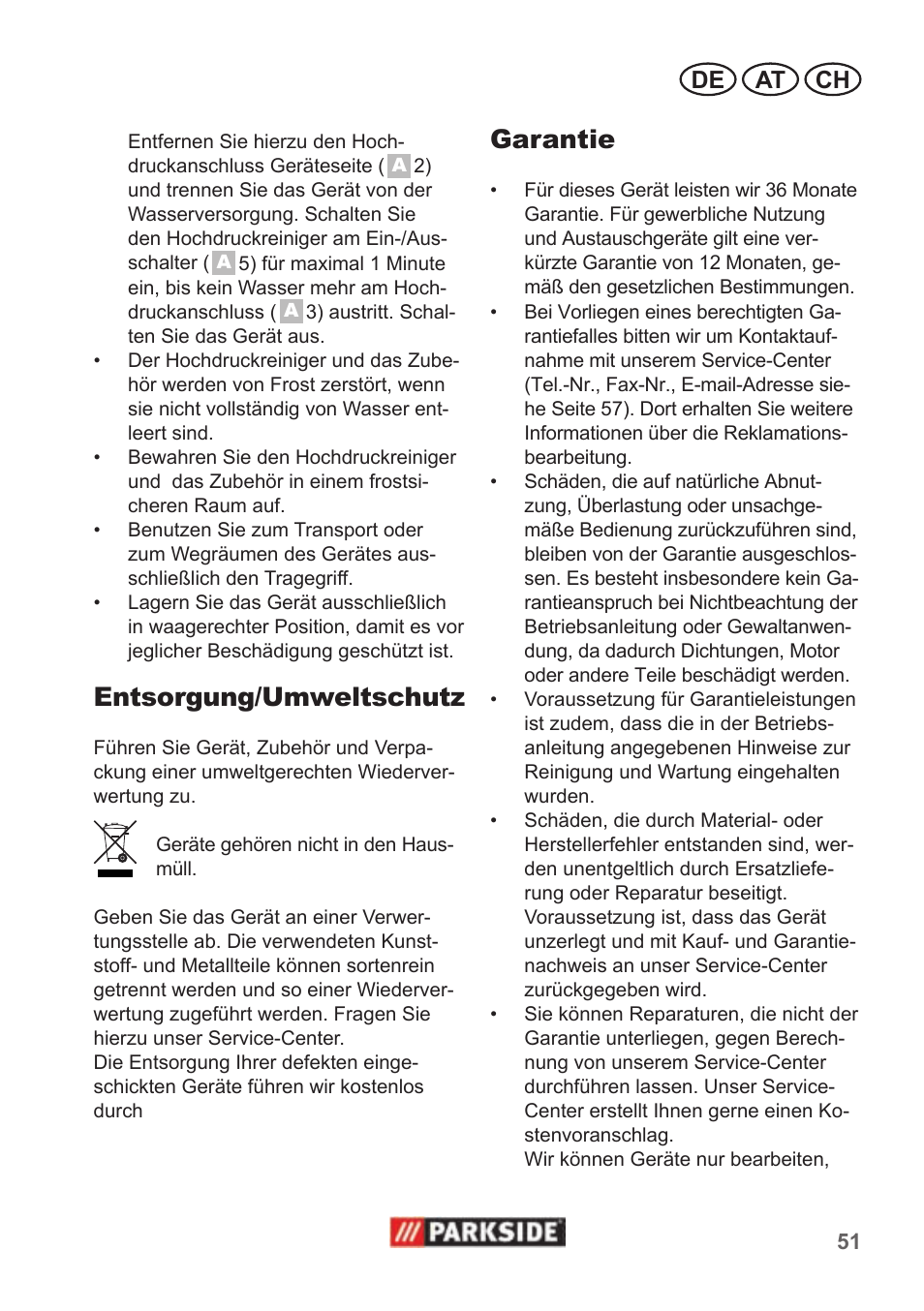 Entsorgung/umweltschutz, Garantie, De at ch | Parkside PHD 100 A1 User Manual | Page 51 / 58
