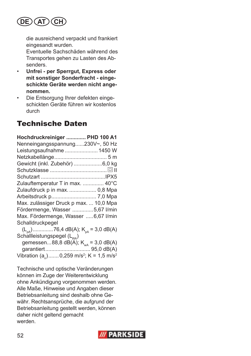 Technische daten, De at ch | Parkside PHD 100 A1 User Manual | Page 52 / 58