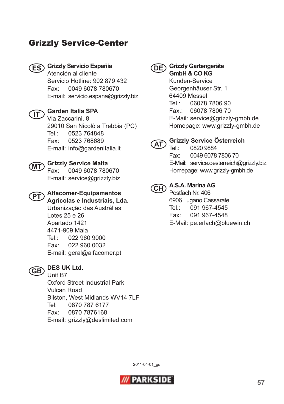 Grizzly service-center | Parkside PHD 100 A1 User Manual | Page 57 / 58