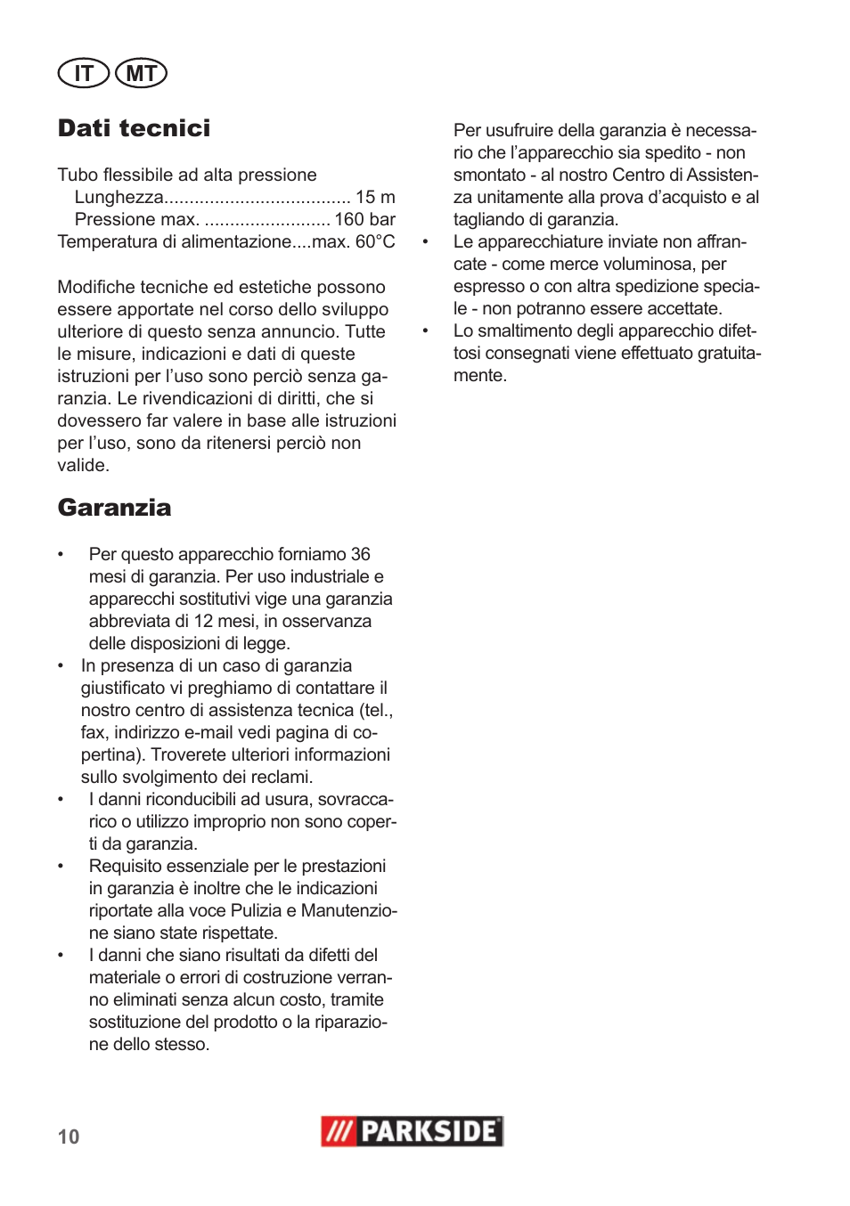 Dati tecnici, Garanzia, It mt | Parkside Pipe Cleaning Set User Manual | Page 10 / 22