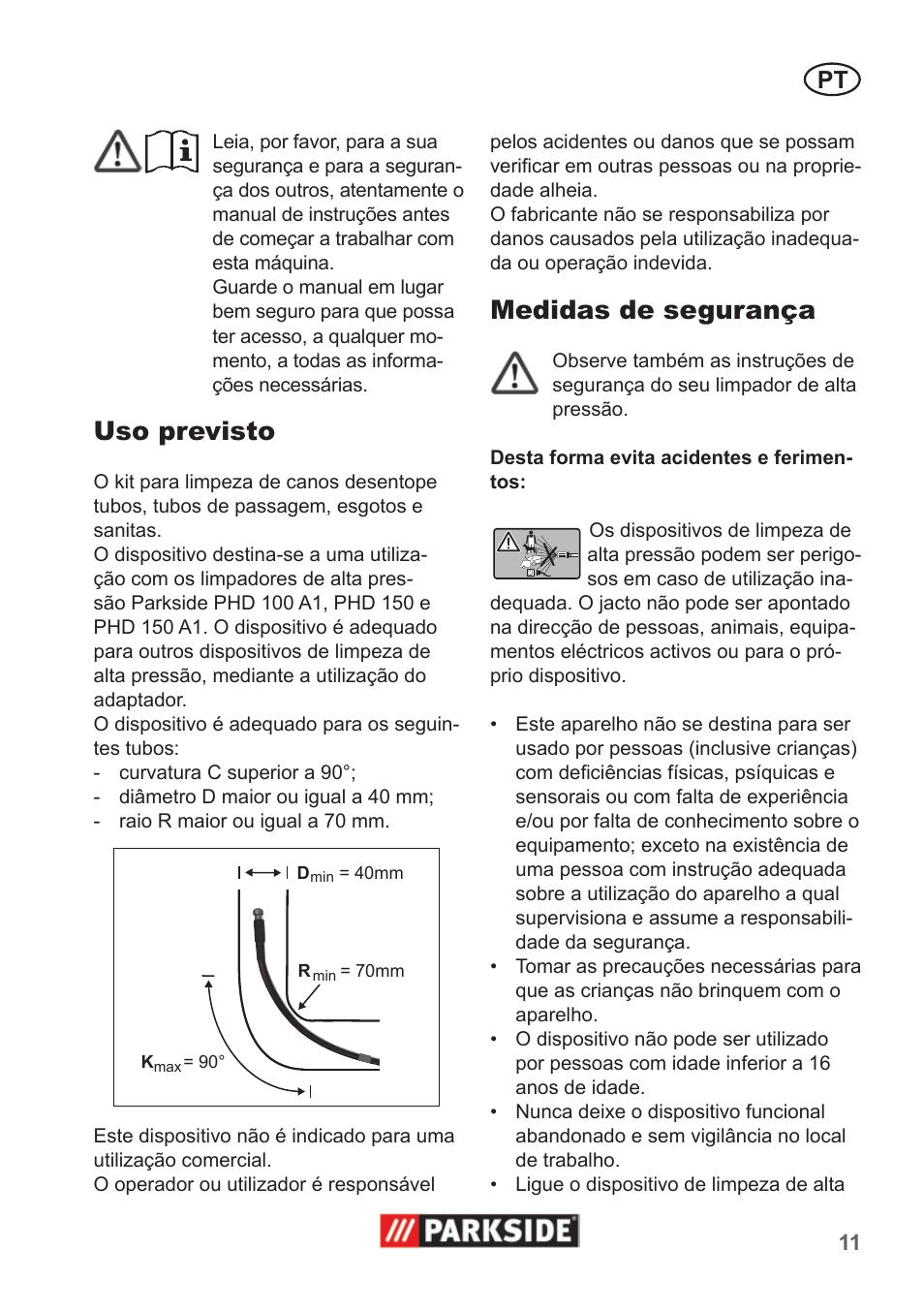 Uso previsto, Medidas de segurança | Parkside Pipe Cleaning Set User Manual | Page 11 / 22