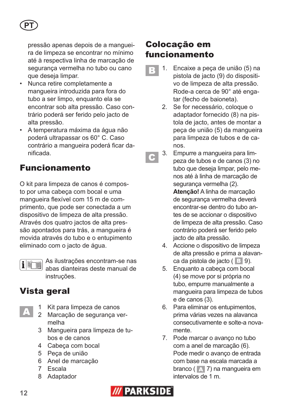 Funcionamento, Vista geral, Colocação em funcionamento | Parkside Pipe Cleaning Set User Manual | Page 12 / 22