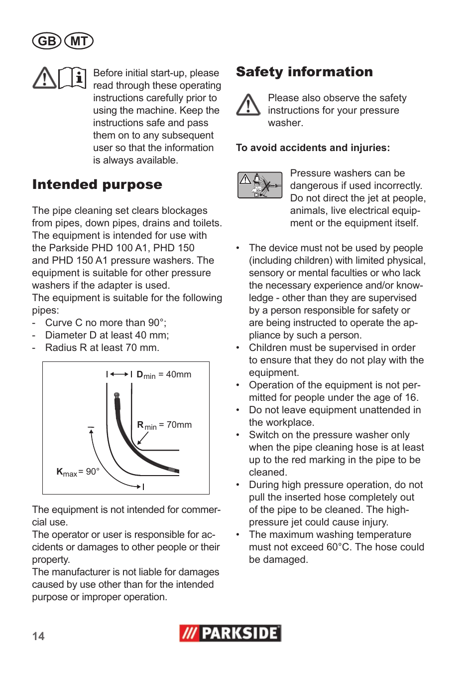 Intended purpose, Safety information, Gb mt | Parkside Pipe Cleaning Set User Manual | Page 14 / 22