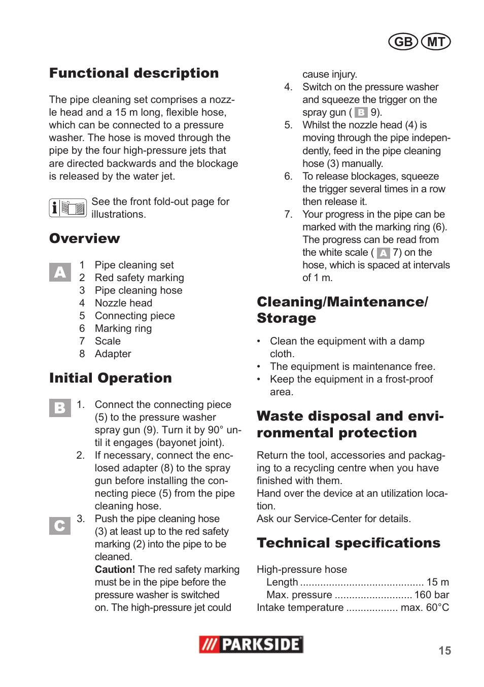 Functional description, Overview, Initial operation | Cleaning/maintenance/ storage, Waste disposal and envi- ronmental protection, Technical specifications | Parkside Pipe Cleaning Set User Manual | Page 15 / 22