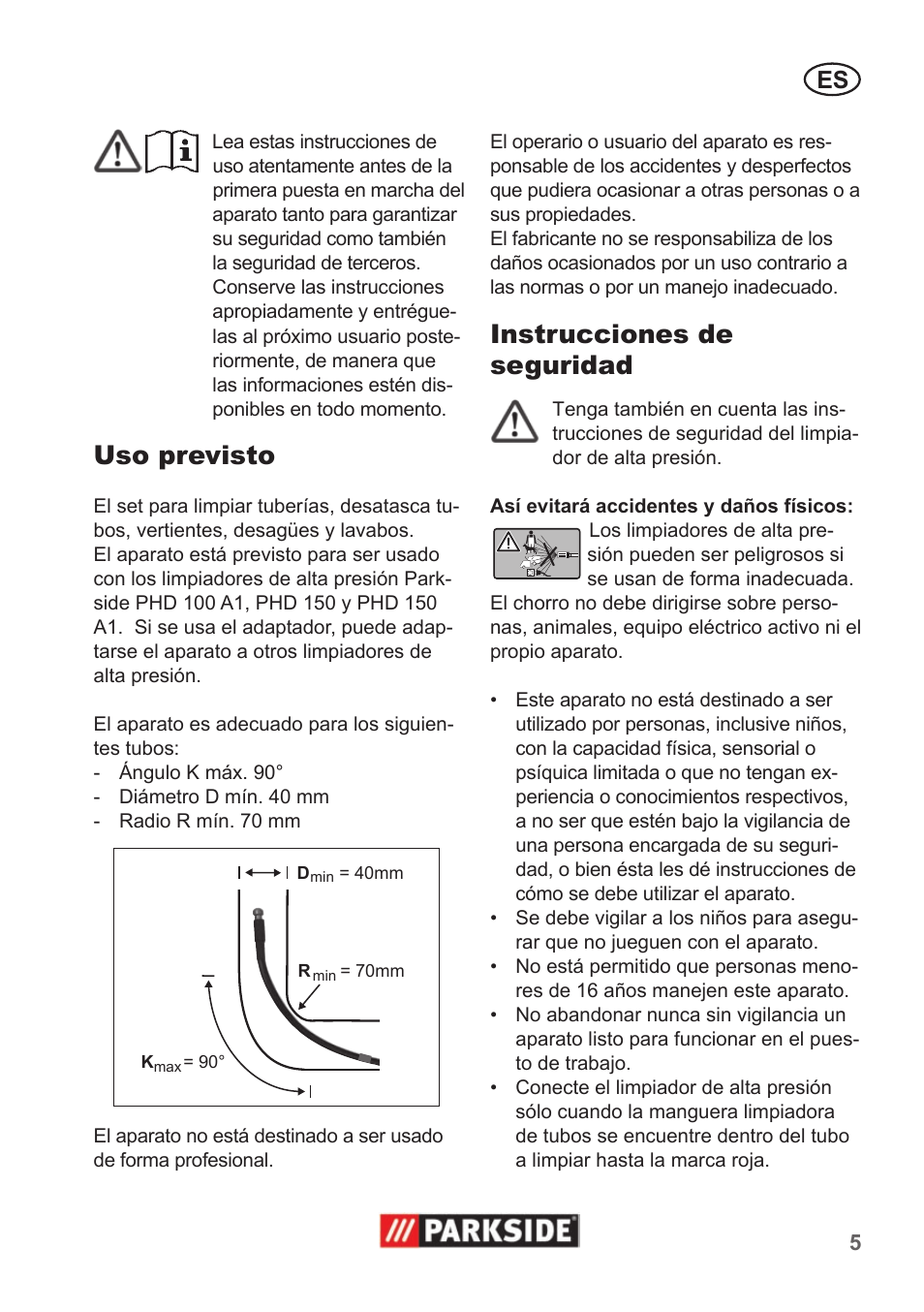 Uso previsto, Instrucciones de seguridad | Parkside Pipe Cleaning Set User Manual | Page 5 / 22