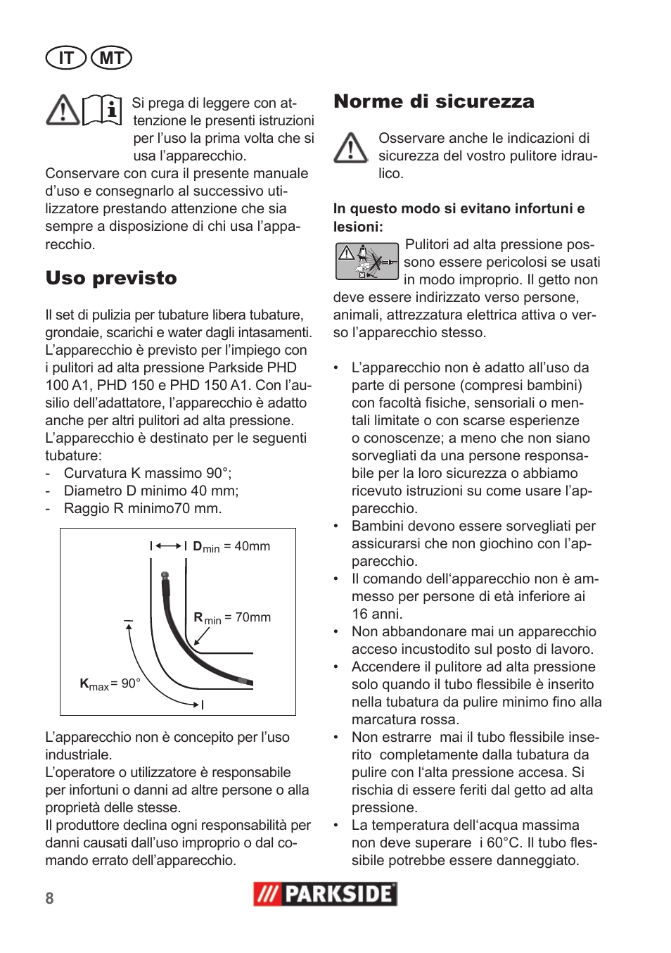 Uso previsto, Norme di sicurezza, It mt | Parkside Pipe Cleaning Set User Manual | Page 8 / 22