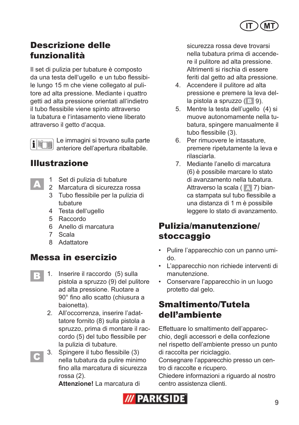 Descrizione delle funzionalità, Illustrazione, Messa in esercizio | Pulizia/manutenzione/ stoccaggio, Smaltimento/tutela dell’ambiente | Parkside Pipe Cleaning Set User Manual | Page 9 / 22