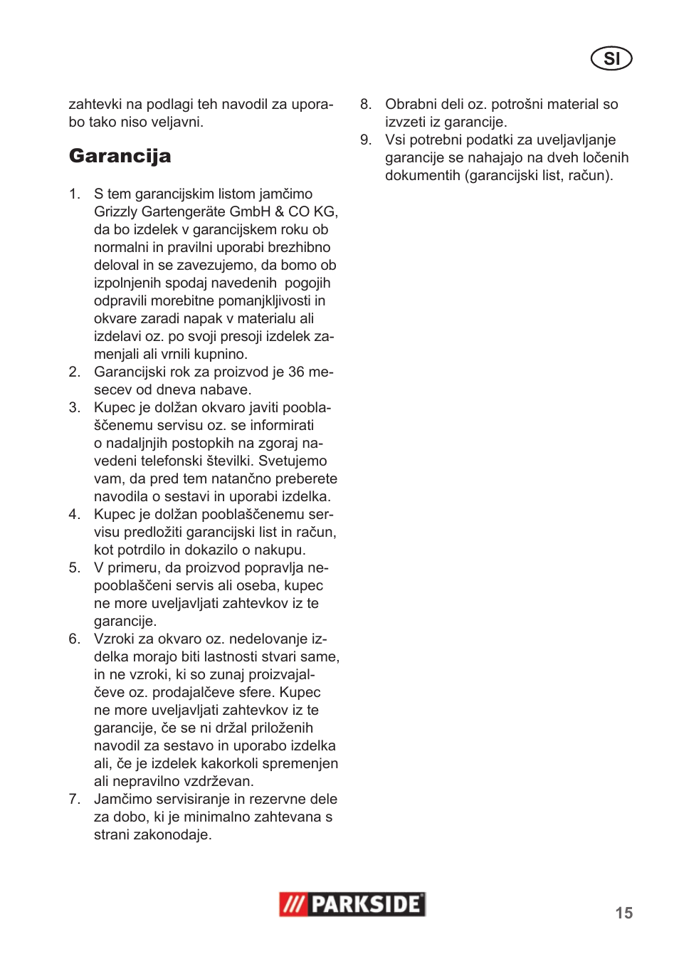 Garancija | Parkside Pipe Cleaning Set User Manual | Page 15 / 30