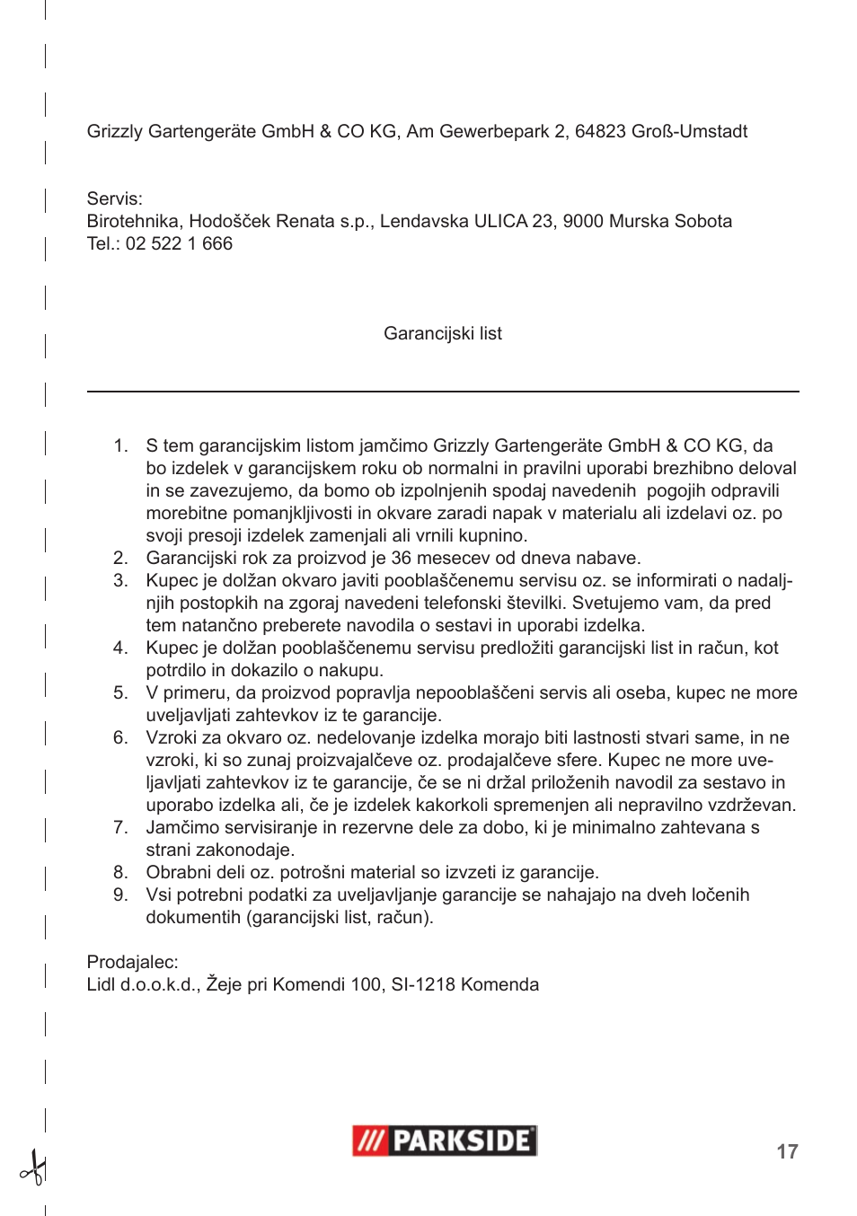 Parkside Pipe Cleaning Set User Manual | Page 17 / 30