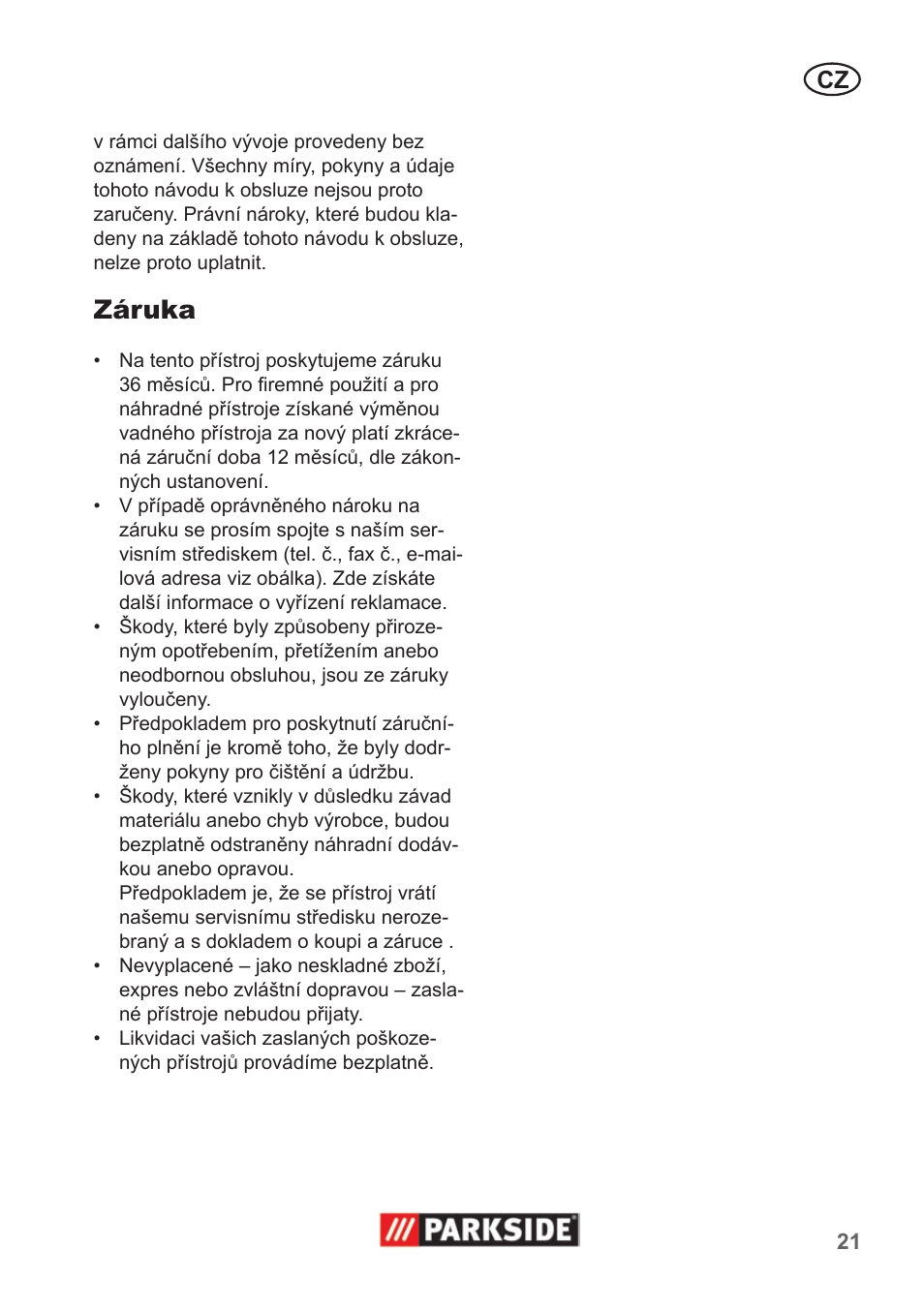 Záruka | Parkside Pipe Cleaning Set User Manual | Page 21 / 30