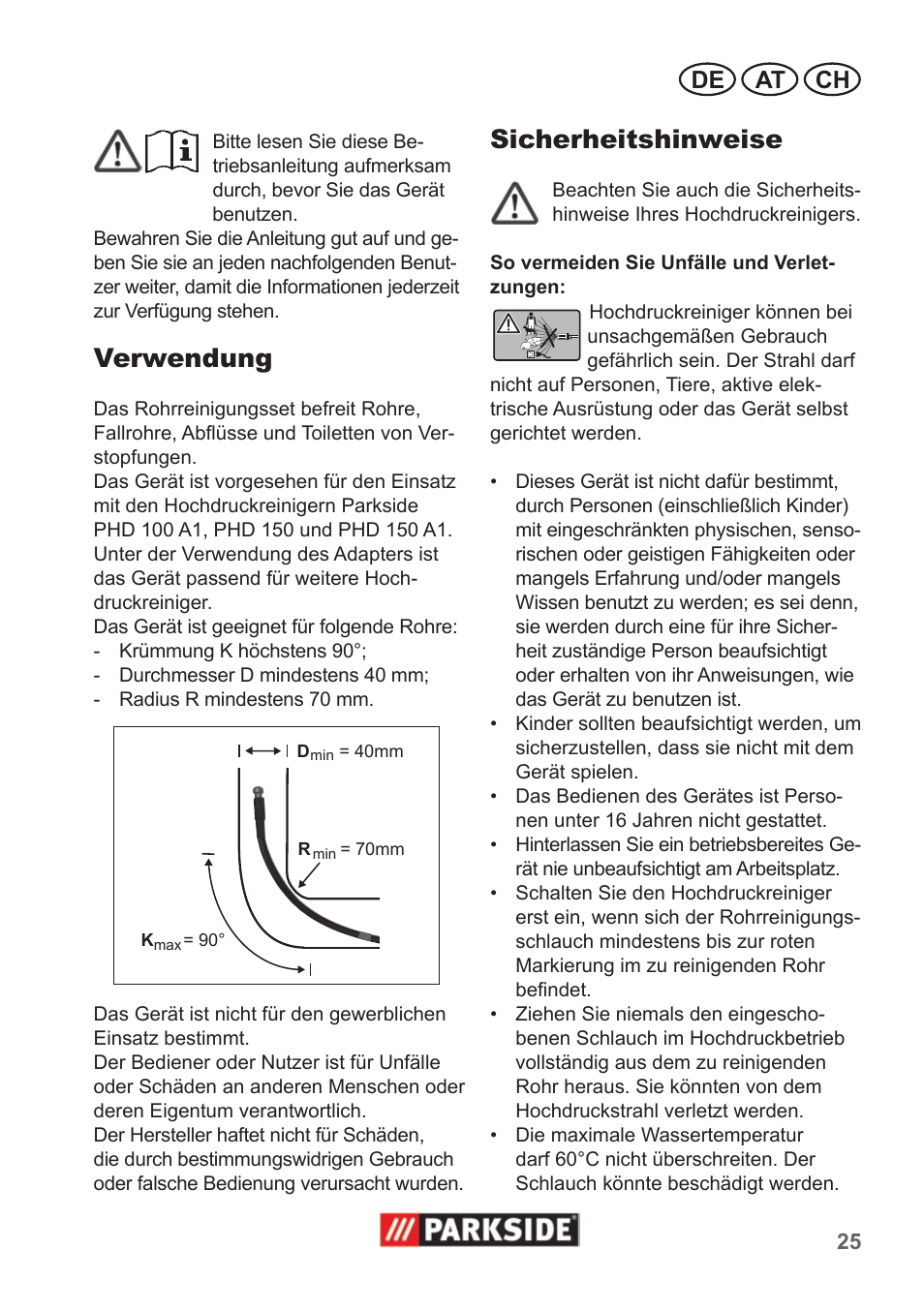 Verwendung, Sicherheitshinweise, De at ch | Parkside Pipe Cleaning Set User Manual | Page 25 / 30