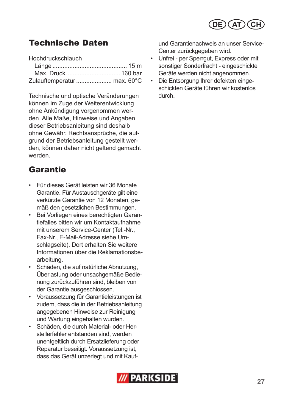 Technische daten, Garantie, De at ch | Parkside Pipe Cleaning Set User Manual | Page 27 / 30