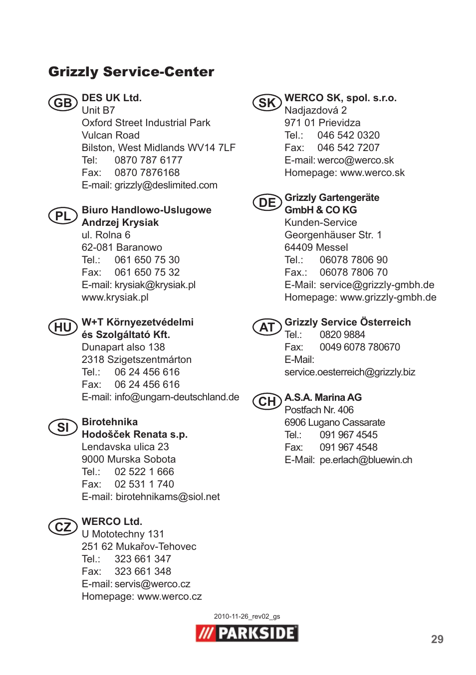 Grizzly service-center, Gb sk de at ch pl hu si cz | Parkside Pipe Cleaning Set User Manual | Page 29 / 30