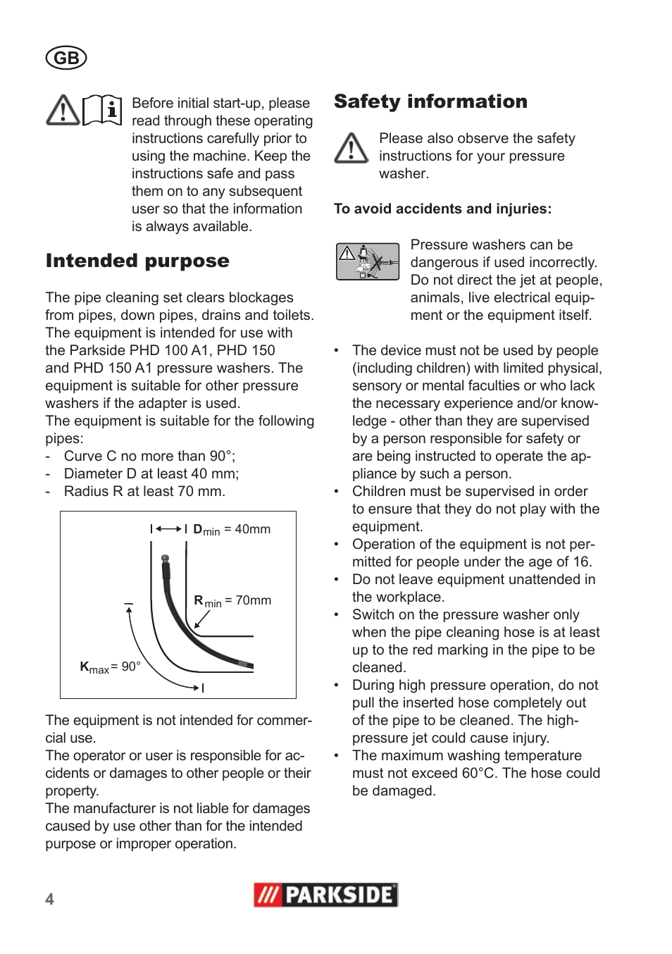 Intended purpose, Safety information | Parkside Pipe Cleaning Set User Manual | Page 4 / 30