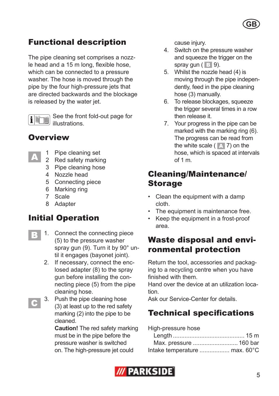 Functional description, Overview, Initial operation | Cleaning/maintenance/ storage, Waste disposal and envi- ronmental protection, Technical specifications | Parkside Pipe Cleaning Set User Manual | Page 5 / 30