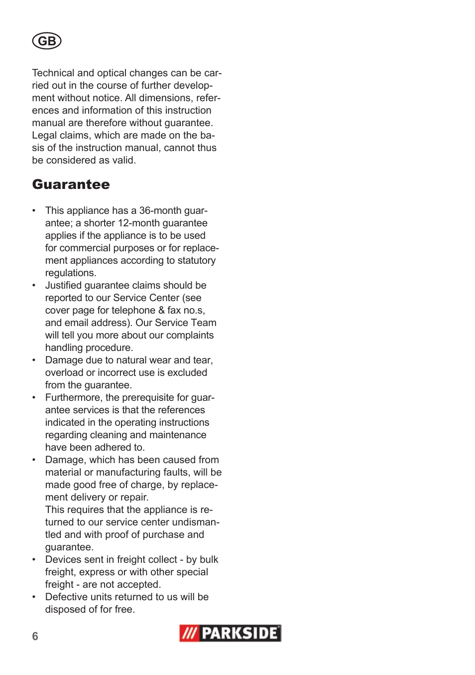 Guarantee | Parkside Pipe Cleaning Set User Manual | Page 6 / 30