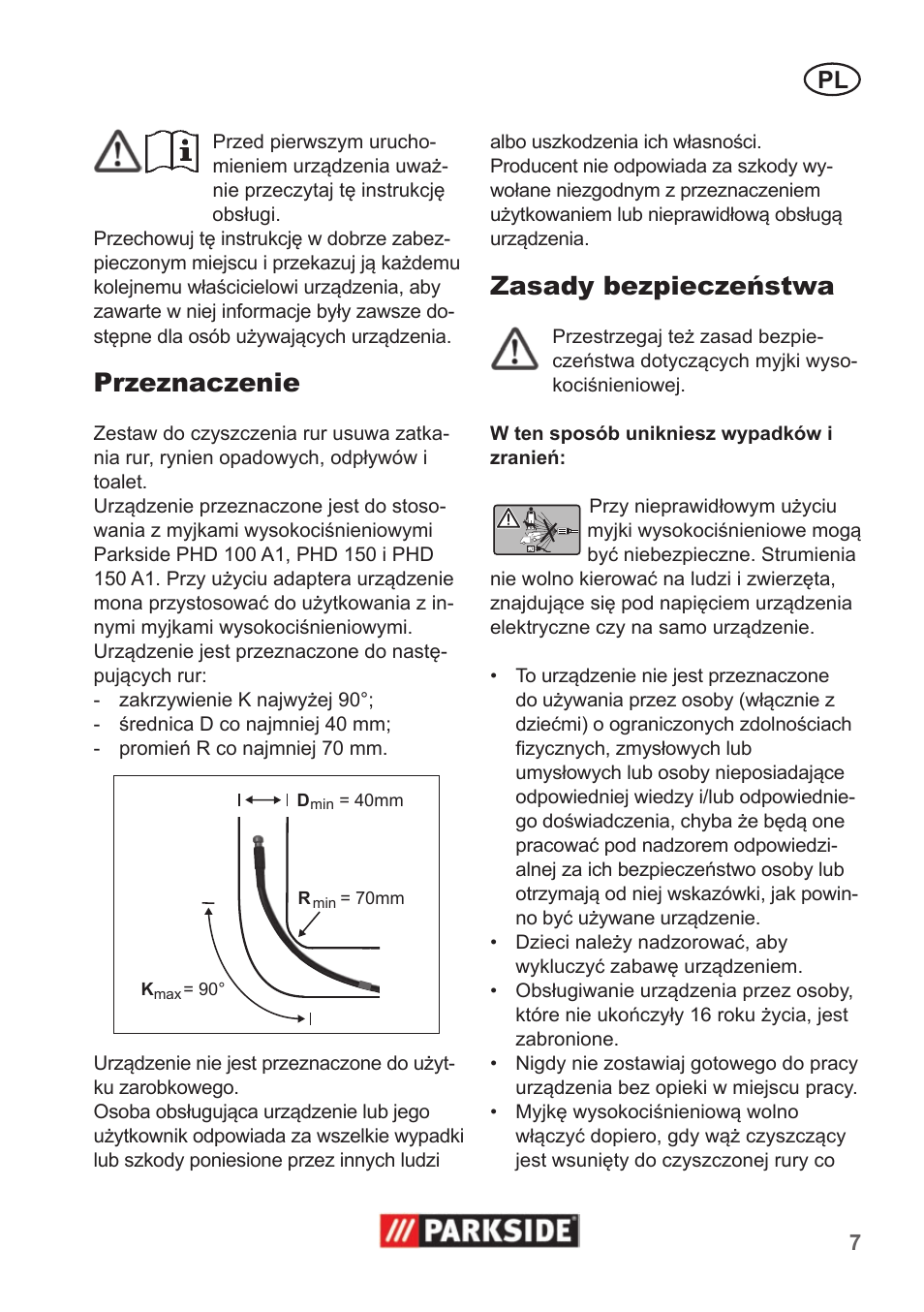 Przeznaczenie, Zasady bezpieczeństwa | Parkside Pipe Cleaning Set User Manual | Page 7 / 30